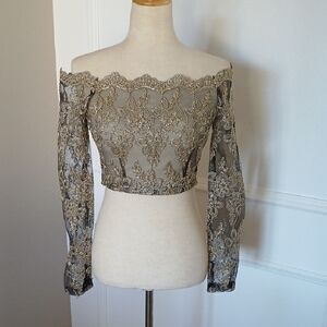 Akira Sheer Black and Gold Lace Crop Blouse